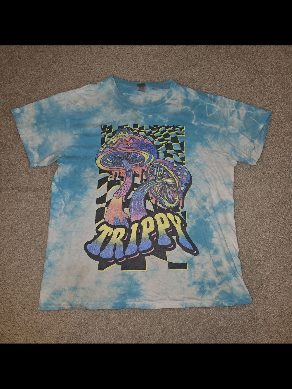 Tie-Dye Psychedelic Trippy Mushroom Graphic T-Shirt Mens M Cotton Blue White VTG